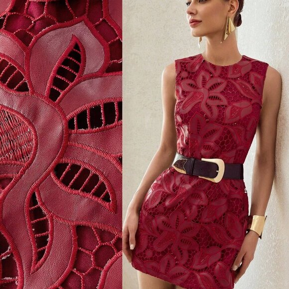 Burgundy Elegant Women's Woven Fabric Floral Embroidery mini Dress - Picture 2 of 7